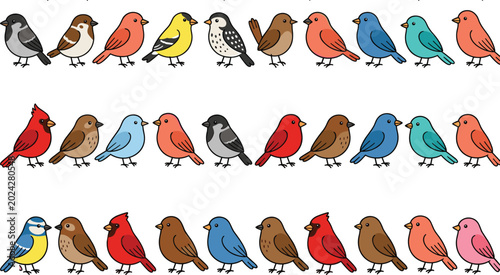 Foto Cute cartoon birds collection with colorful songbirds and woodland bird characte