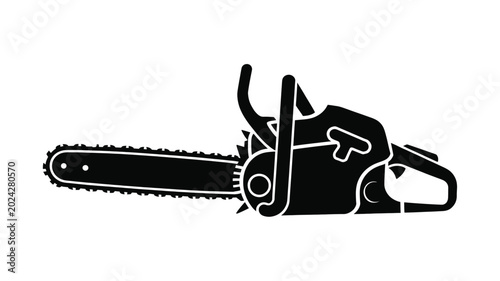 Detailed black silhouette of a heavy duty gasoline chainsaw icon displayed on white background