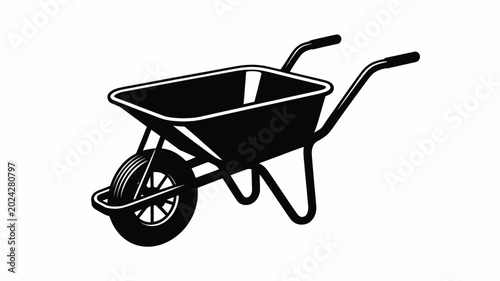 Detailed black and white wheelbarrow illustration for heavy duty gardening work shown on white background
