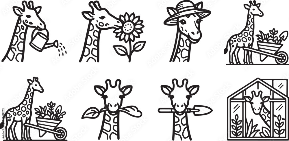 Fototapeta premium Set of black and white line art icons depicting cute giraffes performing various gardening tasks in a simple style
