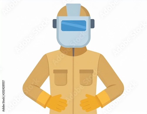 Worker in Full Protective Suit and Helmet