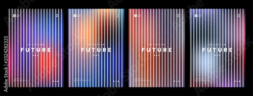 Abstract corporate cover template set with dark glowing neon gradient backgrounds, vertical geometric lines, and grain texture for business brochure.