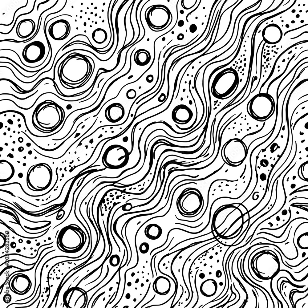 Fototapeta premium Black and white illustration features wavy lines and circles on a pattern