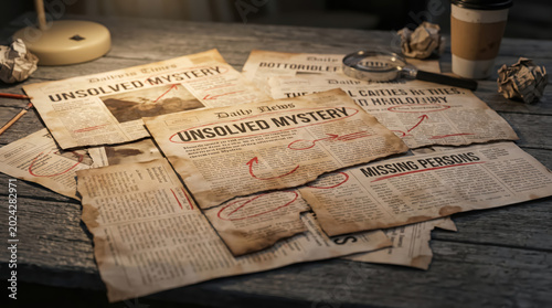 Collection of vintage newspapers with headlines about unsolved mysteries and missing persons on a wooden table