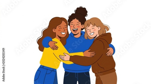 Happy diverse friends hugging together illustration