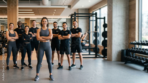 Diverse fitness team posing inside luxury modern gym confident female trainer leading professional wellness staff stylish activewear cinematic lighting realistic sports business portrait