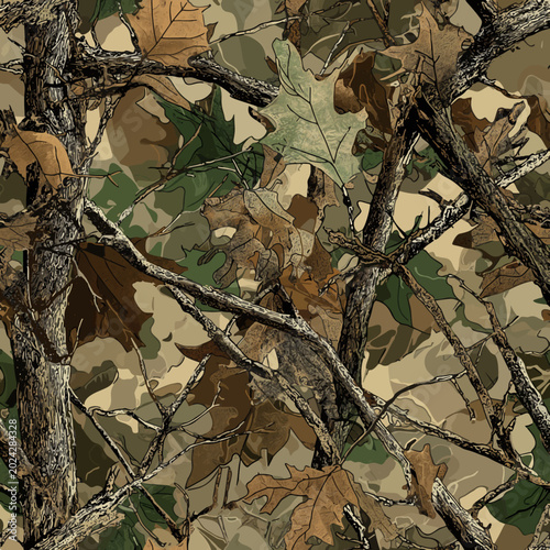 Chaotic real tree hunting camouflage seamless pattern with intertwined branches and woodland leaves, messy organic hunting camo design ideal for hunting gear and tactical gear, 300 dpi, 8k high resolu