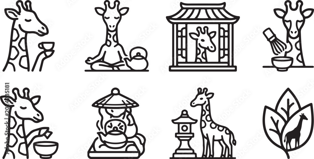 Naklejka premium Collection of linear icons featuring cute giraffes engaging in traditional japanese tea ceremonies and relaxing in various tranquil garden settings