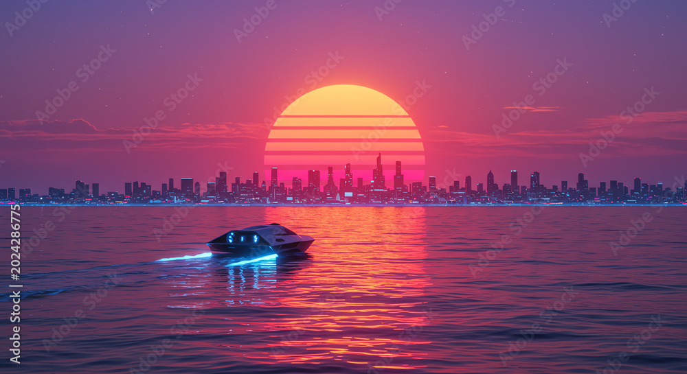 Obraz premium Sunset over city skyline with boat silhouette