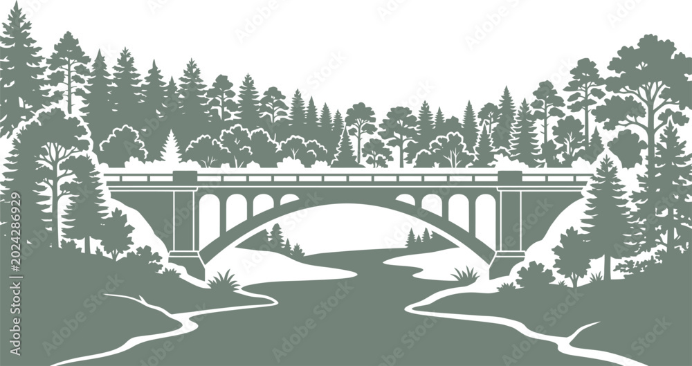 Fototapeta premium Forested river landscape with a classic arch bridge structure