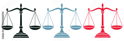 Photos Scales Of Justice Icon Set With Three Variations, Colorful Legal Balance Symbols Representing Law, Fairness And Equality In Clean Vector Design For Courtroom And Legal Services