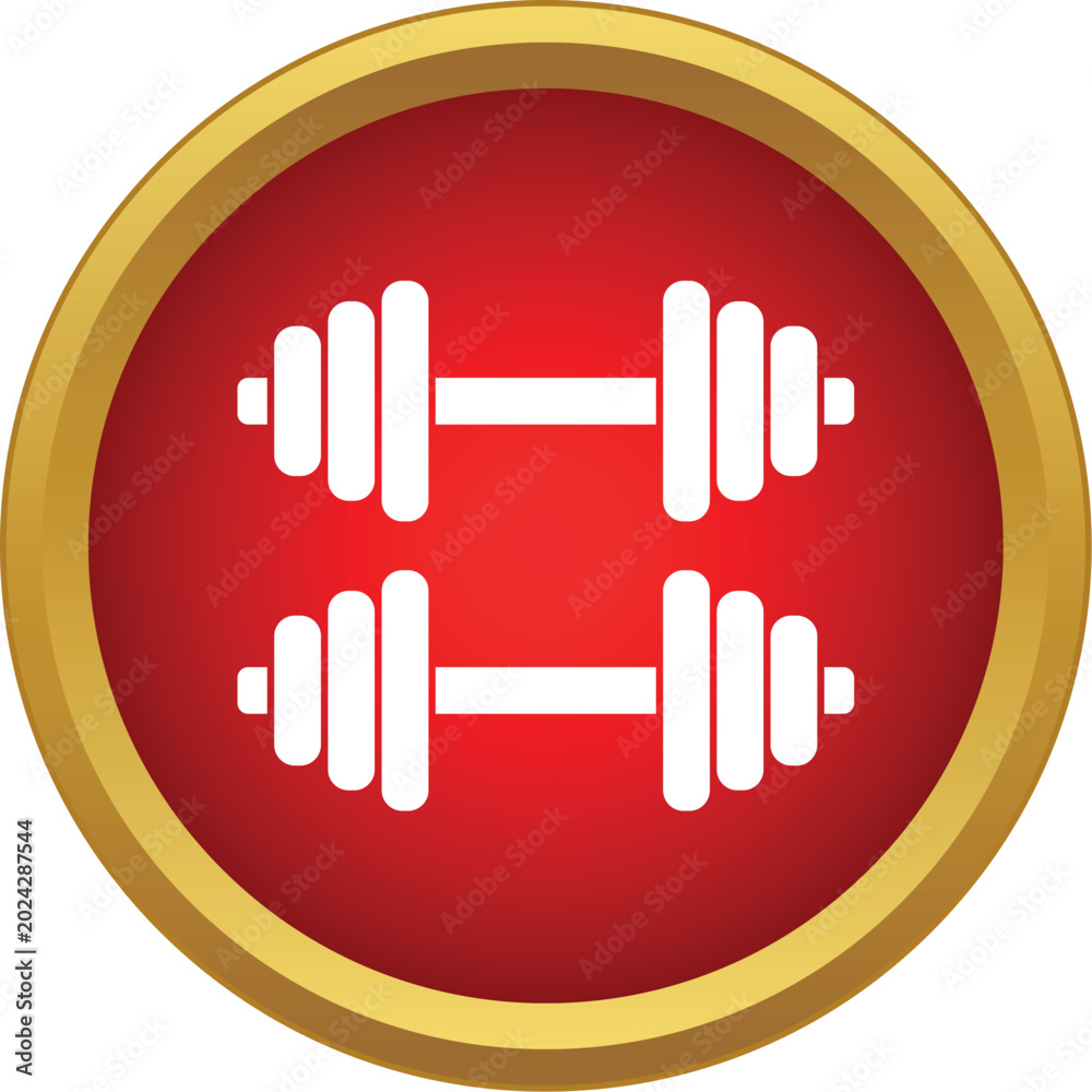 Fototapeta premium Dumbbells graphic in a red circle with a golden border symbolizing gym workouts