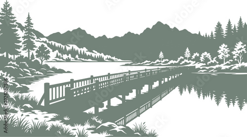 Long wooden walkway extending over a mountain lake surrounded by pine forests