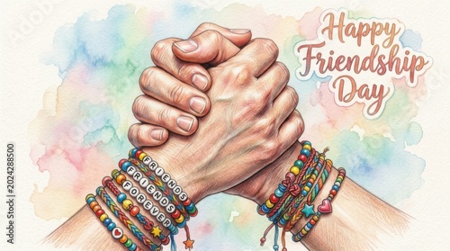 Happy Friendship Day Hands With Colorful Bracelets Watercolor Illustration