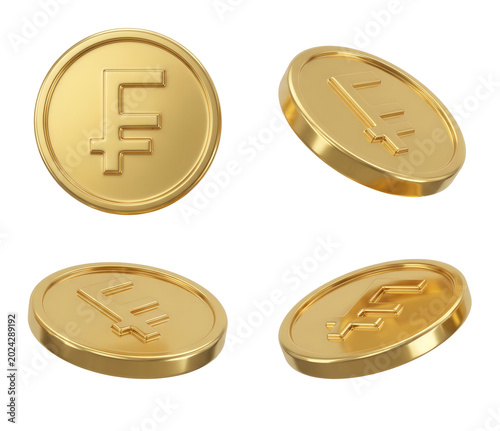 Golden Swiss franc coins in various angles on transparent background. Financial asset, banking, currency and investment concept. 3D rendered monetary units for business and economy design.