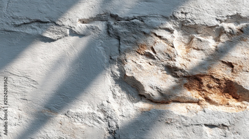 Obraz premium Textured view of a weathered white stone wall with a rusty-brown section and shadows