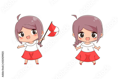 Kawai chibi illustration, little girl horlding peruvian flags