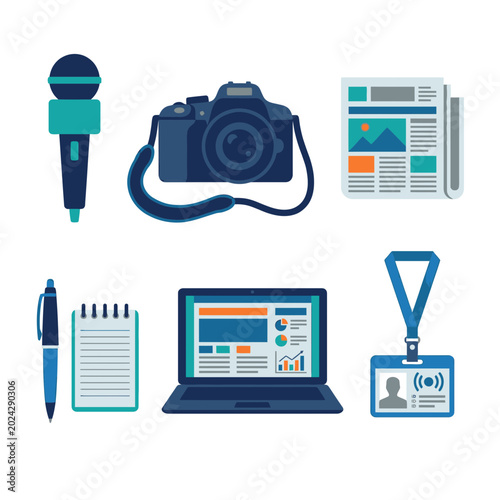 Cuadro en lienzo Collection of journalism and mass media icons featuring a microphone camera news