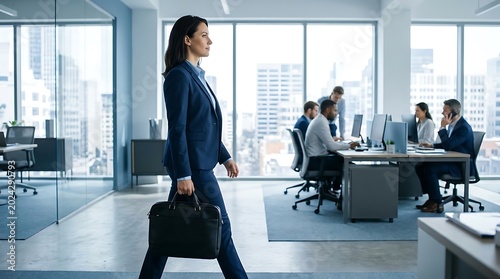 Businesswoman in a navy suit carrying a briefcase walks confidently through a busy corporate workspace. Bright daylight illuminates the floor. Ideal for employment services marketing.