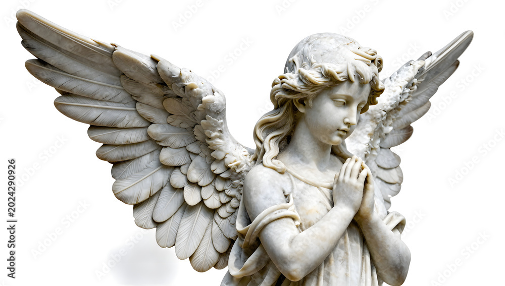Fototapeta premium Marble Angel Sculpture: A beautiful marble sculpture of an angel with outstretched wings and clasped hands, conveying serenity and spiritual grace.