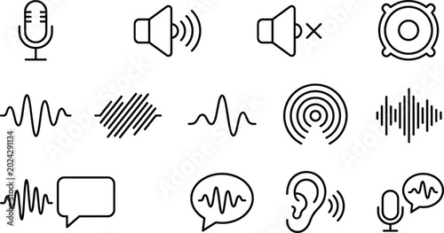 Audio and sound wave line icon set with microphone speaker mute volume frequency signal symbols for apps