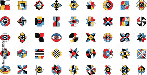 Foto Bauhaus style abstract geometric shape icon set featuring colorful modernist sym