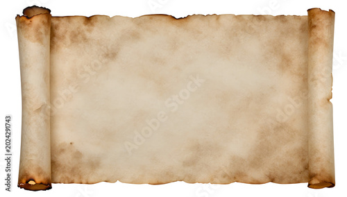 Ancient Parchment Scroll: A vintage, aged parchment scroll unfurls, its edges burnt and stained, hinting at a history untold and a message lost to time.