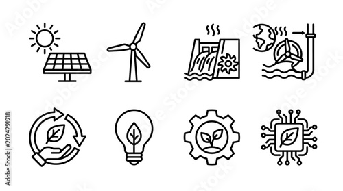 Foto Renewable Energy Icons Set - Solar Panel, Wind Turbine, Hydro, Eco, Green Techno