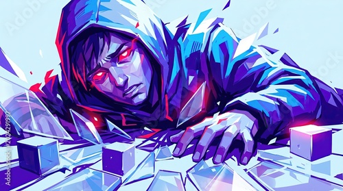 Digital Art of a Person with Red Eyes on Shattered Glass
