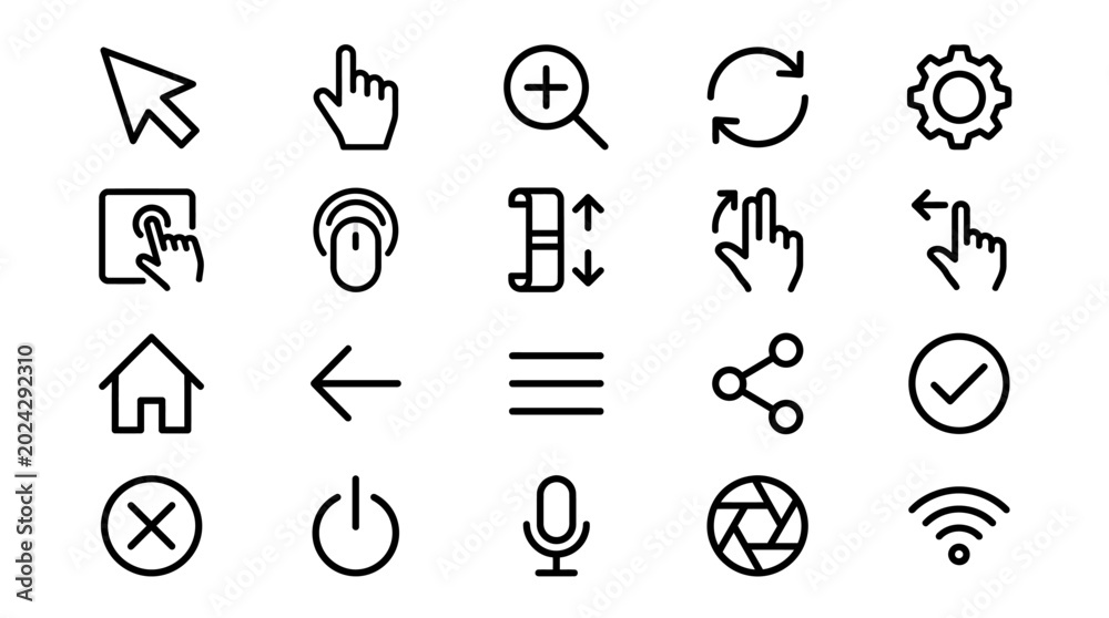 Fototapeta premium UI Navigation and Touch Gesture Line Icons Set