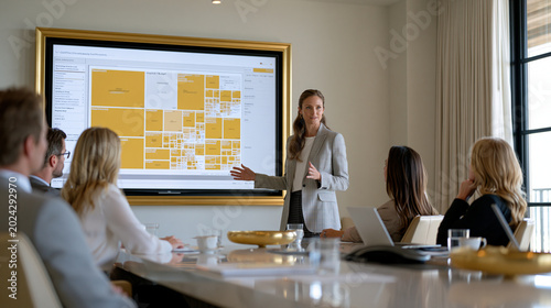 Treemap of hospital budget allocation by department displayed on a large boardroom screen, finance lead presenting nested cost proportions to a panel of department heads seated around a polished tab