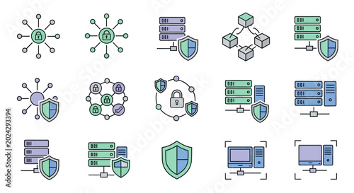 Set of isometric icons representing data security and server protection concepts.