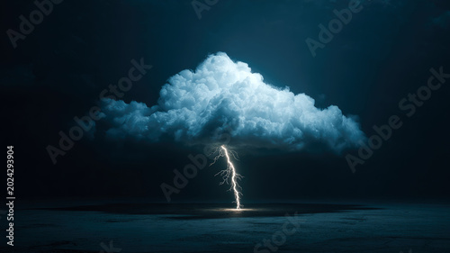 Fluffy white cloud with lightning on blue background.