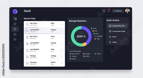 Modern SaaS dashboard interface showing file storage usage and recent files list.