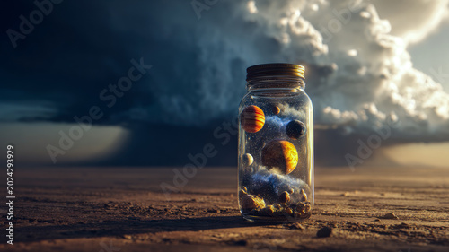 Jar with planets and cosmic lights surreal composition on stormy desert background.