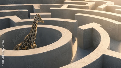 Lost in the Maze – Surreal Giraffe in Concrete Labyrinth Concept