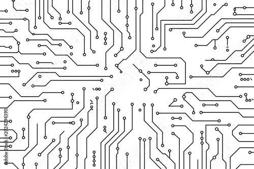 Black and white intricate electronic circuit board pattern with symmetrical layout