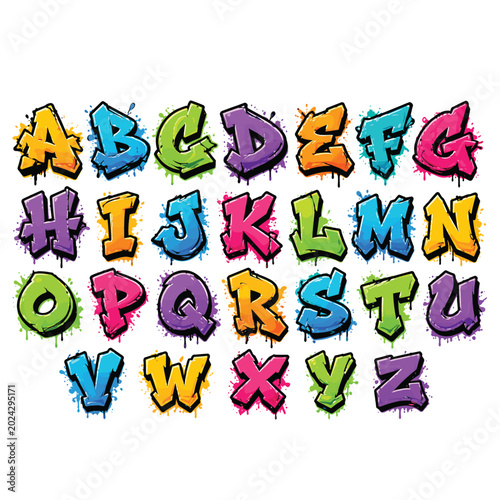 Colorful Graffiti Alphabet Letters, 26 ABCs, Multicolor Spray Painted Font, Vector Typography Set