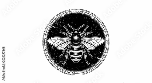 Foto Detailed Engraving of a Bee in a Circular Frame.