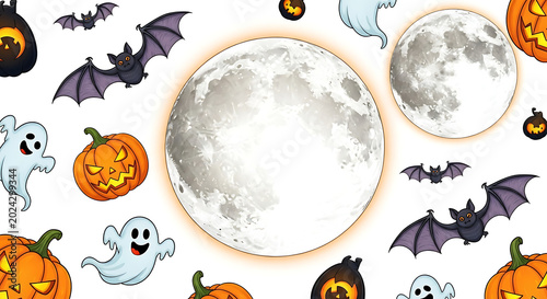 Halloween themed background with moons, pumpkins, bats, and ghosts on a white background ai generated