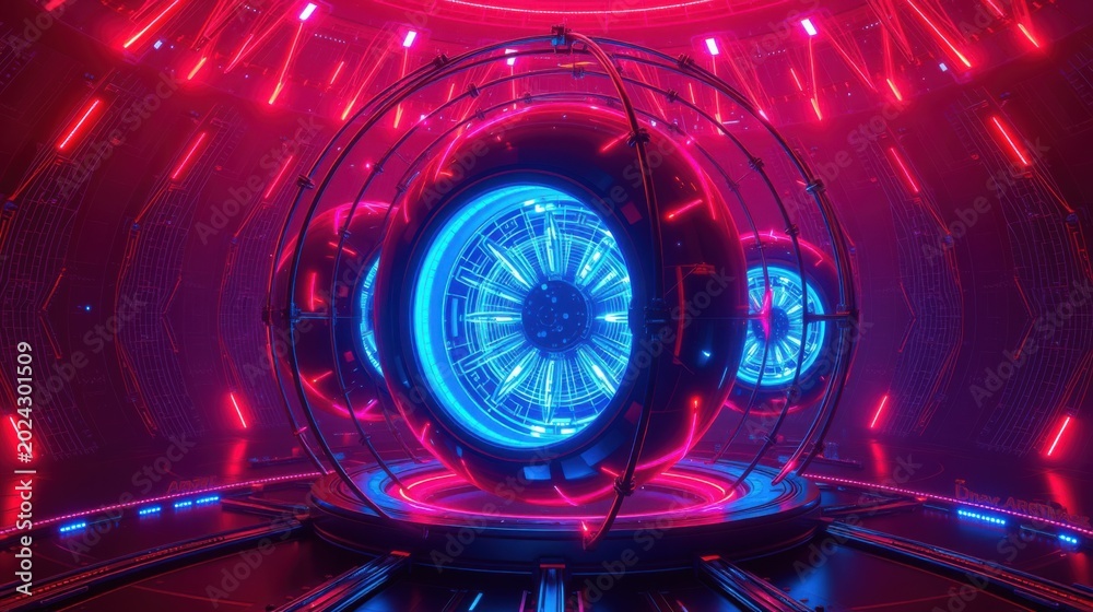 Fototapeta premium Futuristic interior. Glowing sphere dominates space. Red, blue lights create dramatic effect. Complex geometric patterns visible. High tech environment.