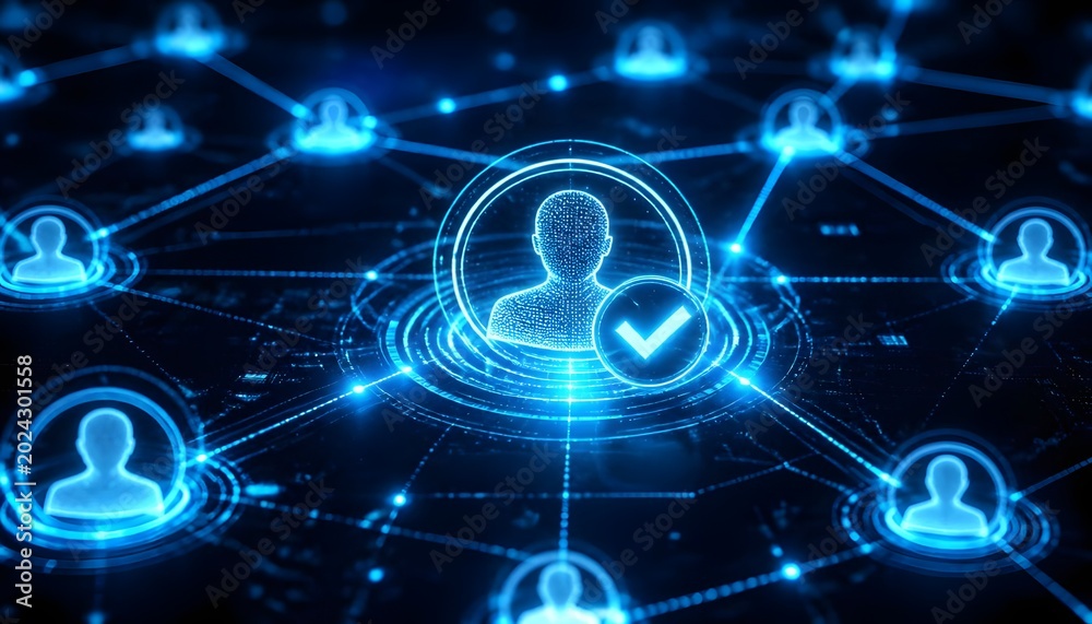 Fototapeta premium Futuristic digital network with glowing human profile icons connected through neural pathways in blue tech background