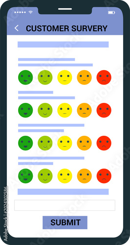Mobile customer survey displays range of feedback options via colorful face icons, awaiting submission.