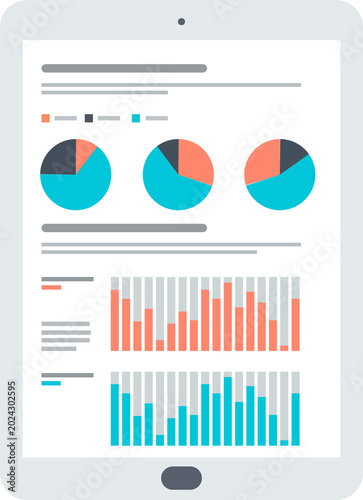 Tablet displays colorful data visualization, charts, graphs representing marketing analytics, performance metrics, business intelligence.