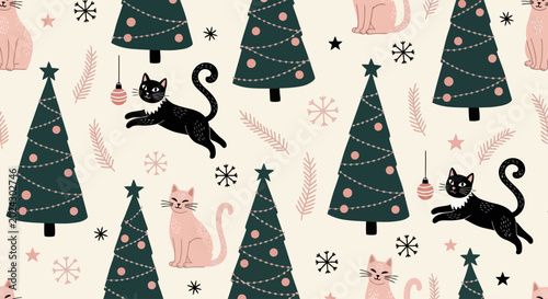 Canvas Print Whimsical Christmas Trees, Cats, and Ornaments Pattern, Seamless Vector Design,
