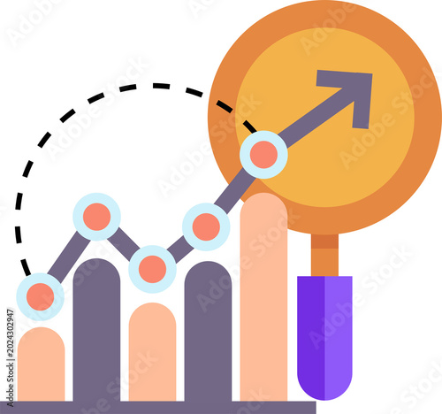 Rising graph under magnifying glass illustrates positive search engine optimization results, growth, and data analysis.