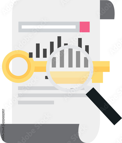 Detailed keyword analysis using magnifying glass over report displays data driven marketing strategy for online visibility.
