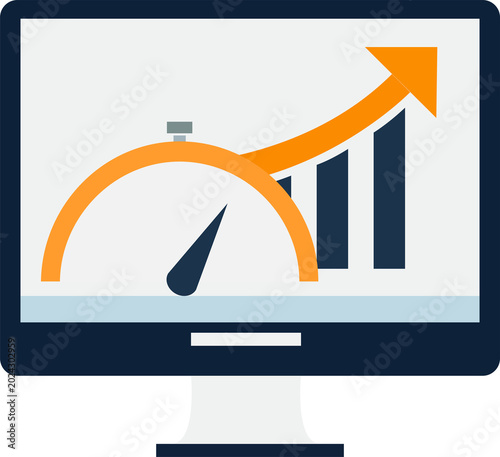 Computer screen displays rising graph, speedometer indicating website performance, search engine optimization results.