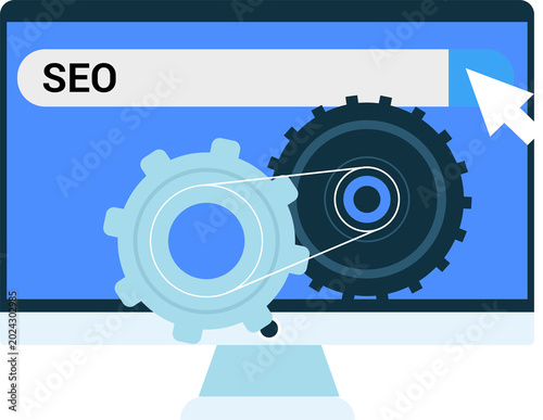 Search engine optimization concept featuring gears, computer screen, cursor illustrating digital marketing strategy, growth, online visibility.
