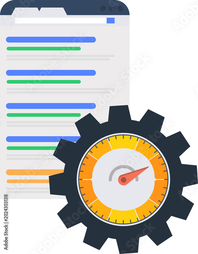 Website speed optimization concept showing gear mechanism alongside search engine results page for improved performance.